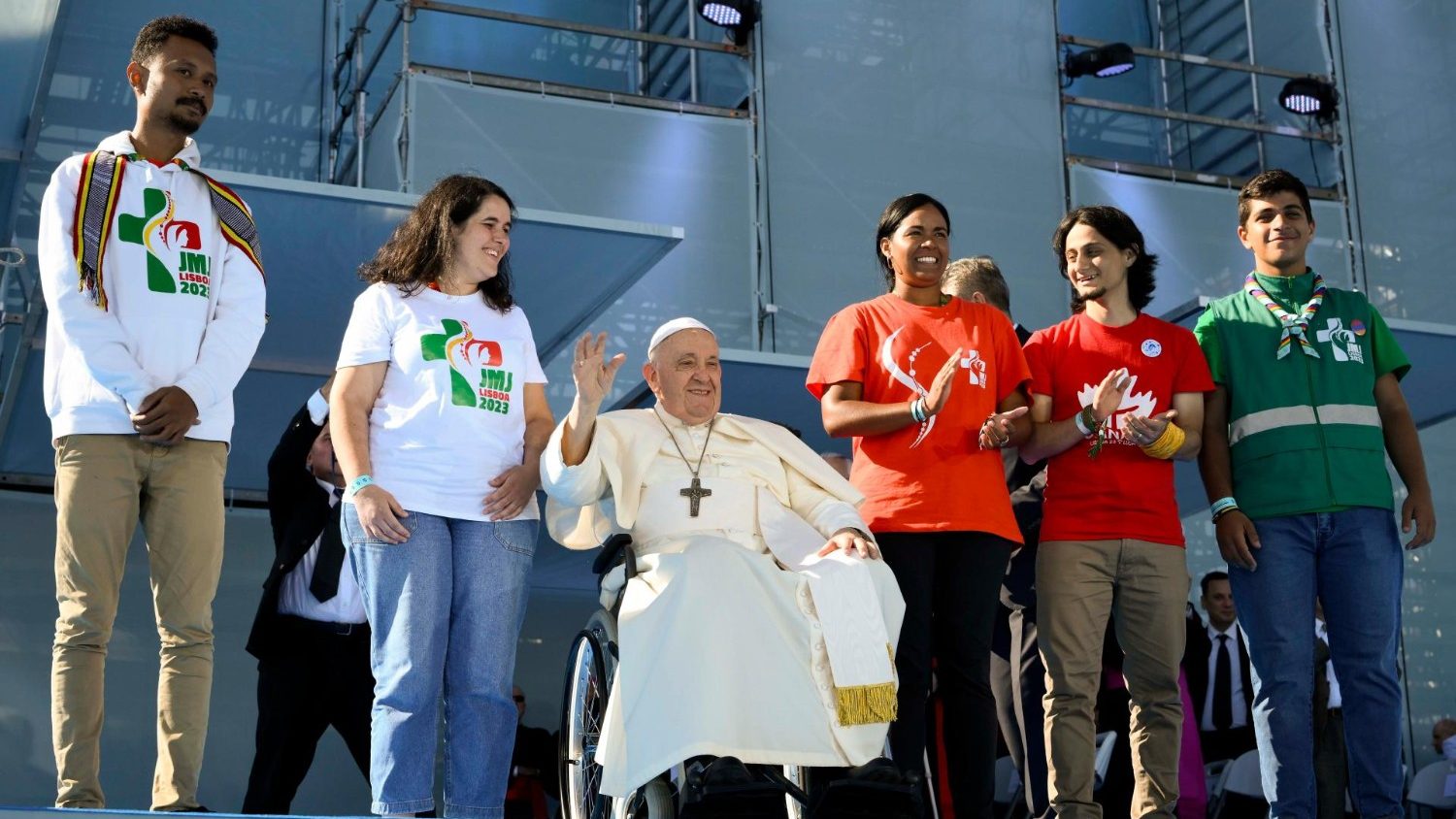 Paus Franciscus tijdens de verwelkomingsceremonie Wereldjongerendagen 2023